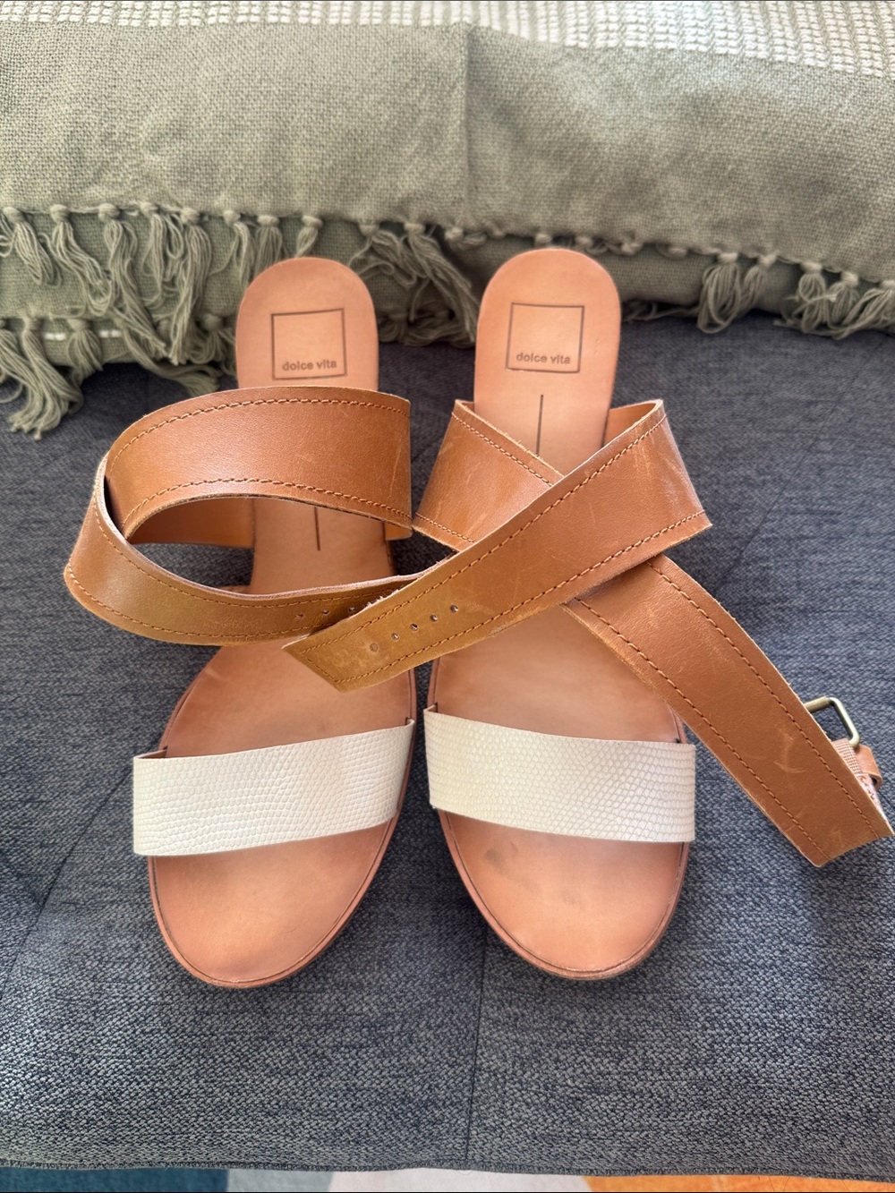 Dolce Vita Tan and White Leather Crossover Sandals